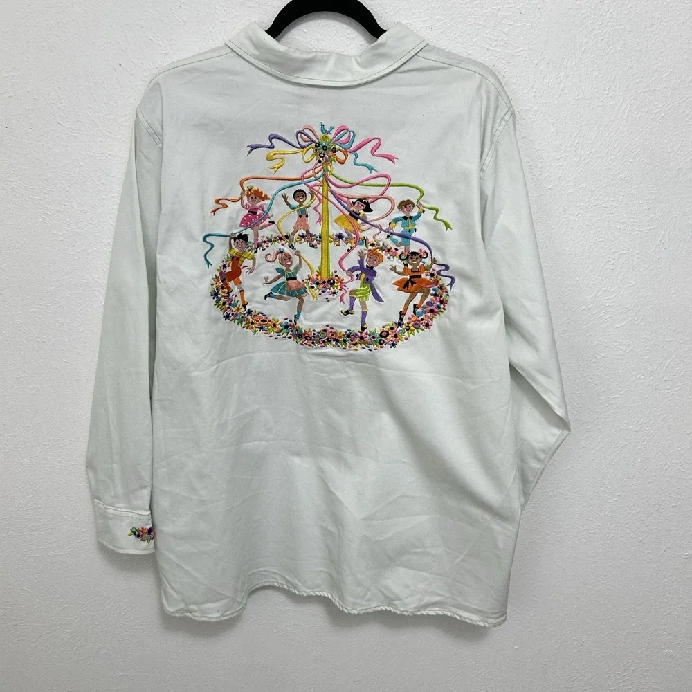 Bob Mackie Shimmery‎ Embroidered Kids Maypole Flowers White Shirt / Coat Wm's 1X